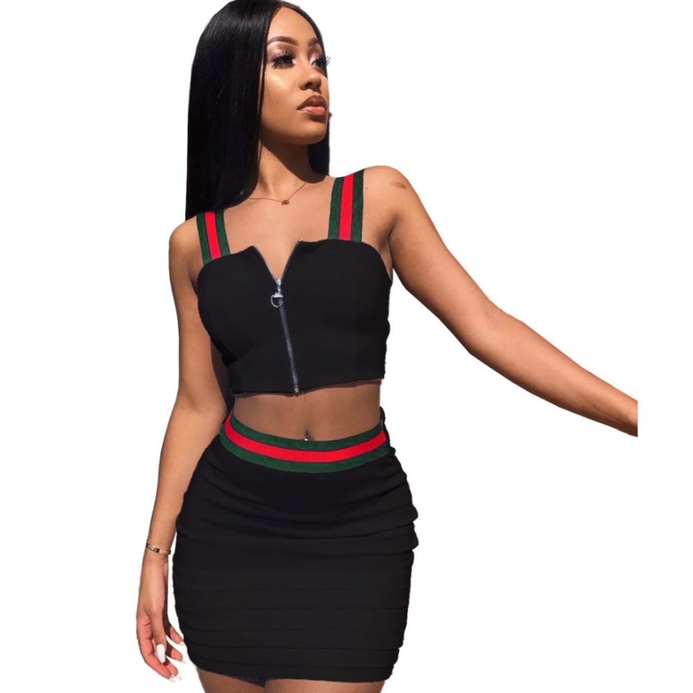 black red and green striped skirt and crop set